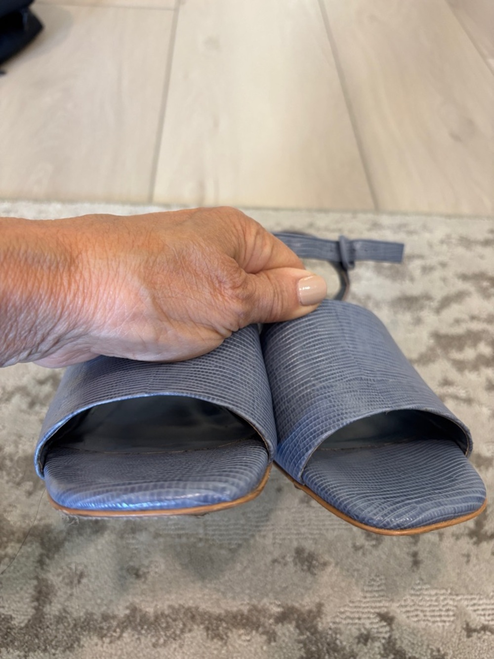 Everlane Slate Blue Lizard-Embossed Block Heel Sandals with Ankle Strap - Picture 9 of 9